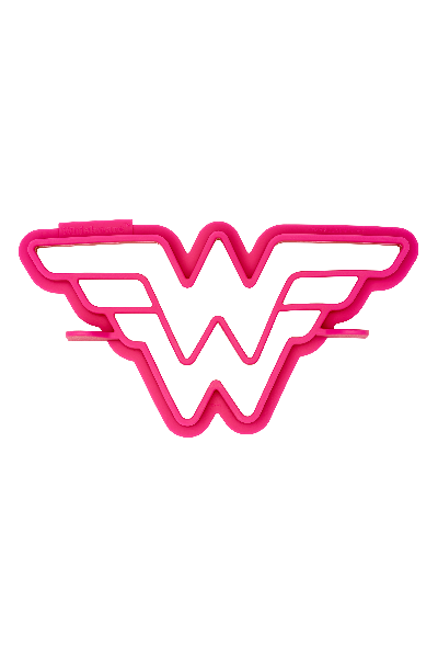 pink colored pancake shaper/mold in the shape of the wonder woman logo